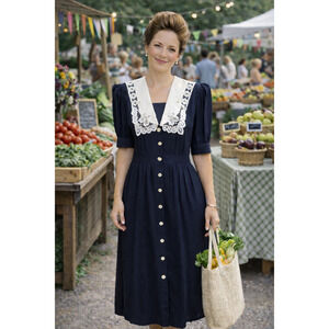 Vintage Karin Stevens Puff Sleeve Lace Collared Modest Maxi Dress  Sz 8 NWOT